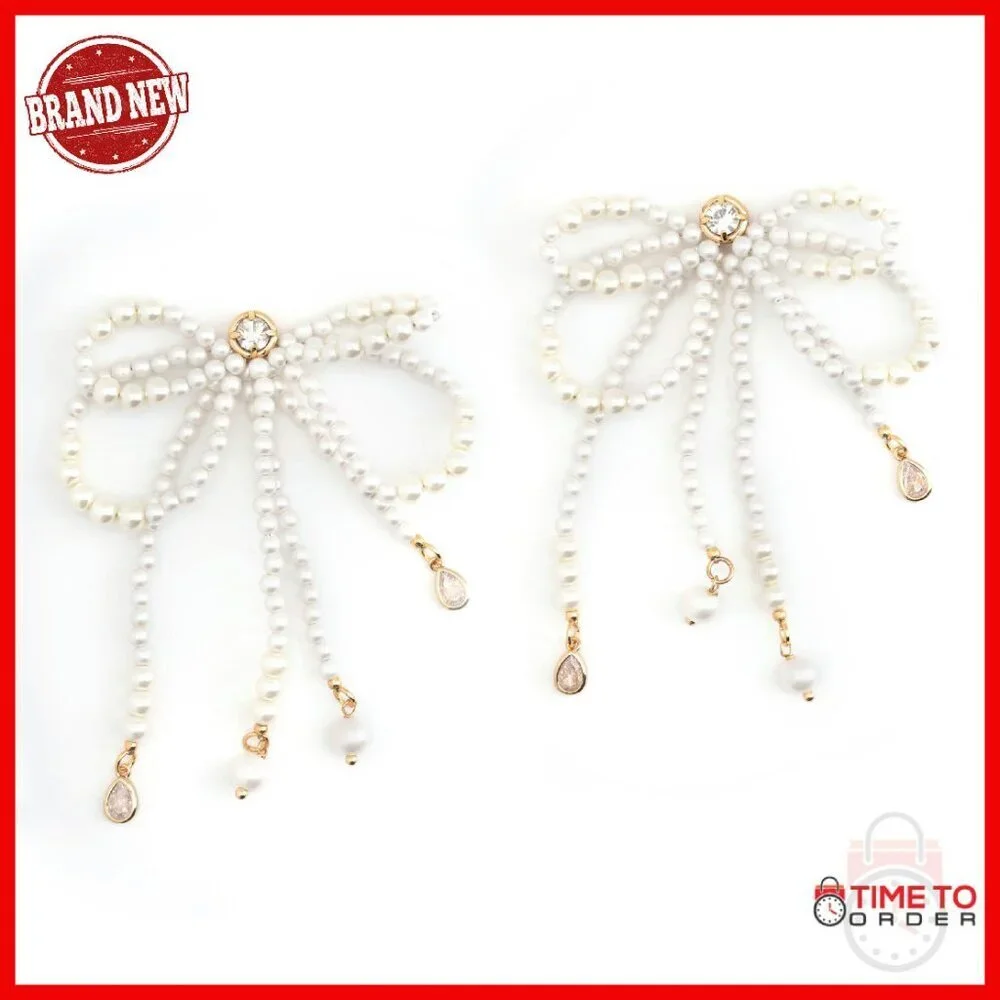 Silver Tone Brass Bow Earrings with Pearls and Crystals - 3.25